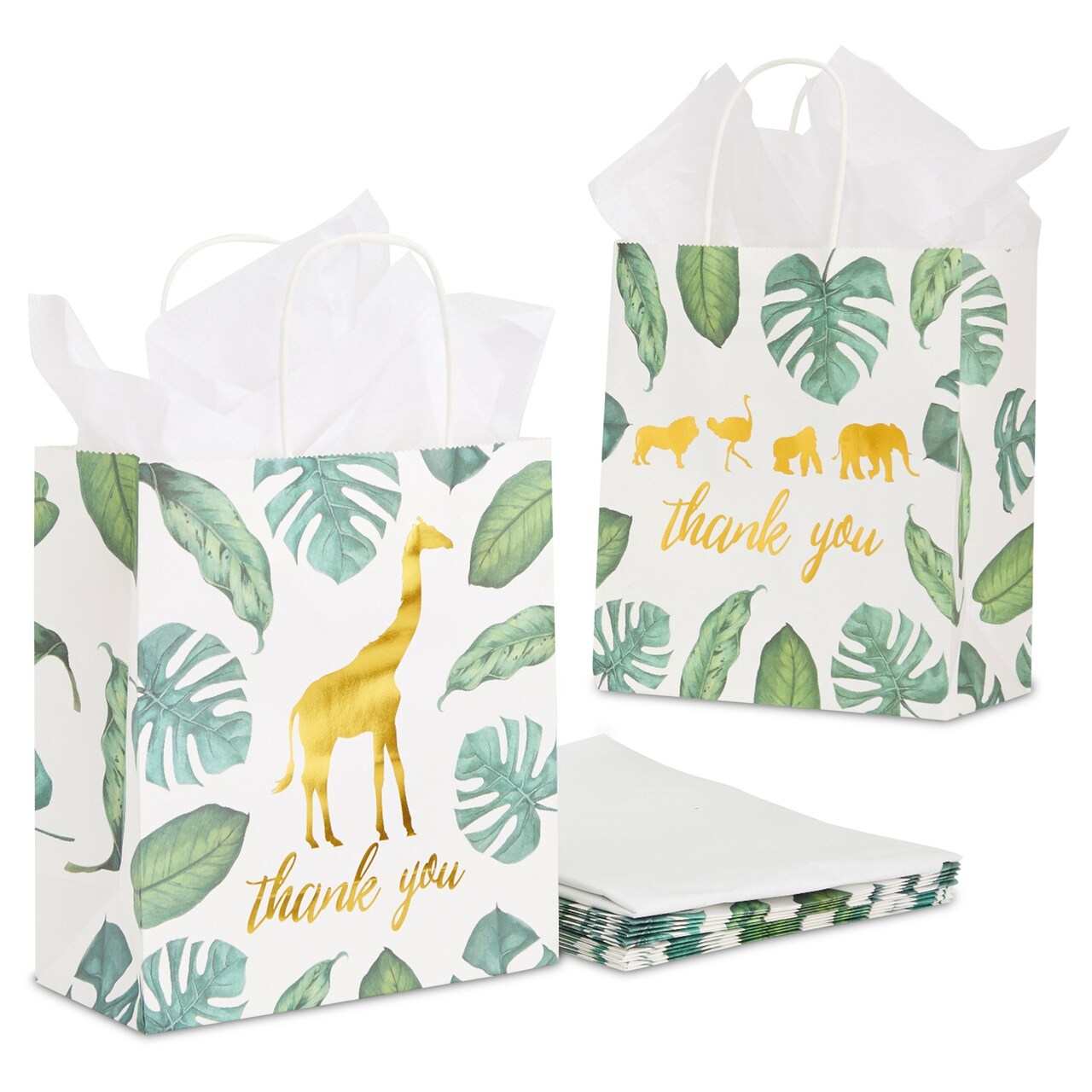 12 Pack Safari Thank You Bags with Tissue Paper, Wild One 1st Birthday Themed Decorations for Girls and Boys (8 x 9 x 4 In)